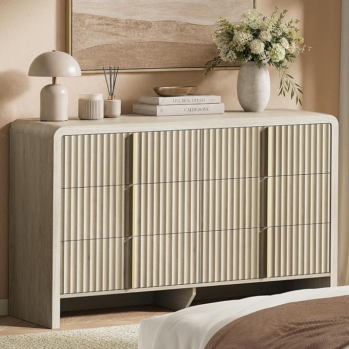 ModernMate Fluted 6 Drawer Dresser for Bedroom, 53.2" Wide Chest of Drawers, Modern Storage Cabinet with Anti-Tip Design, Wood Clothes Organizer with Metal Handles, White Alder