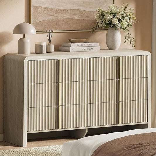 ModernMate Fluted 6 Drawer Dresser for Bedroom, 53.2" Wide Chest of Drawers, Modern Storage Cabinet with Anti-Tip Design, Wood Clothes Organizer with Metal Handles, White Alder