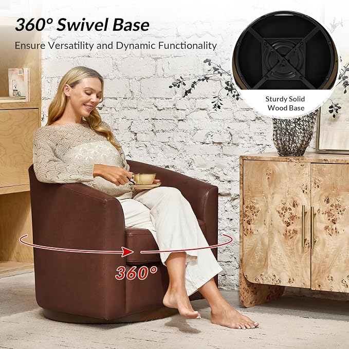 HULALA HOME Genuine Leather Swivel Barrel Chairs Set of 2, Round Swivel Accent Chairs with Solid Wood Base, Leather Barrel Accent Chair for Living Room, No Assembly Required, Brown