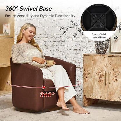 HULALA HOME Genuine Leather Swivel Barrel Chairs Set of 2, Round Swivel Accent Chairs with Solid Wood Base, Leather Barrel Accent Chair for Living Room, No Assembly Required, Brown