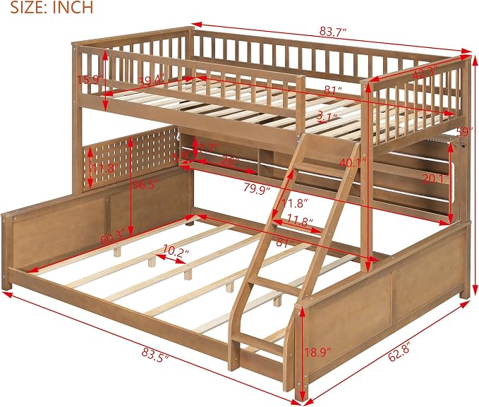Merax Twin Over Queen Bunk Bed,Wood bunk Bed with LED,Bed with Integrated Shelving, Color-Changing Lights and Pegboard, Twin XL Over Queen, Brown