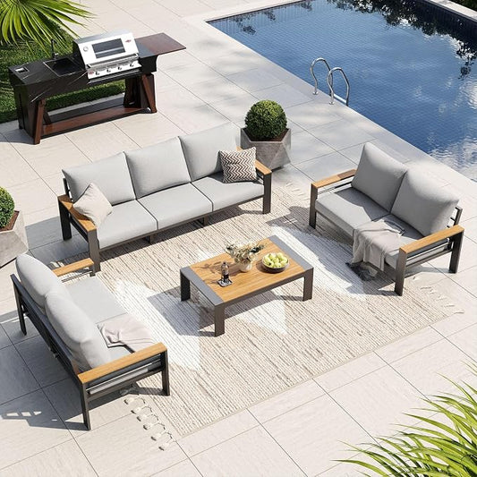 Aoxun Patio Furniture Set, 7 Piece Aluminum Patio Sets With 5" Thicken & Washable Cushion, Waterproof Outdoor Furniture With Coffee Table, Outdoor Couch Sectional For Backyard, Porch And Garden (Grey)