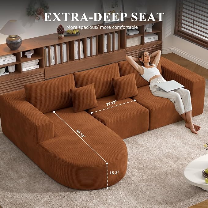 L-Shaped Boneless Couch,104" Couches for Living Room with Curved Chaise,Modular Sectional Sofa with Deep Seat,Modern Cozy Cloud Compression Sofas,No Assembly Required(Brown) 1PCS
