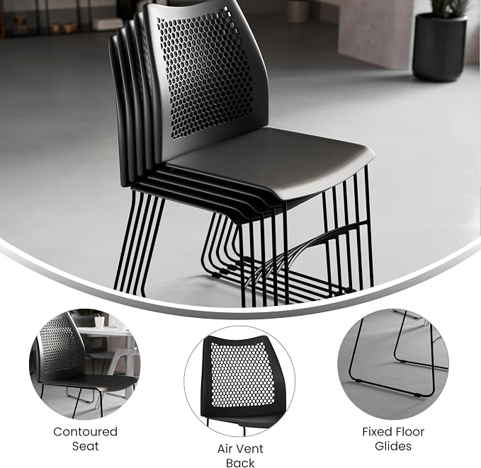 Flash Furniture Hercules Series Contoured Lobby Chairs with Air-Vent Honeycomb Backs, Ergonomic Stacking Chairs for Offices, Set of 5, Black