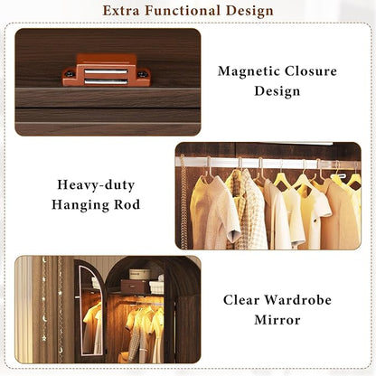Squireewo 2 Doors Armoire Wardrobe Closet with Doors and Drawers, 71" Farmhouse Arched Wooden Wardrobe Cabinet with Mirror and Lights, Large Armoire Storage Cabinet with Shelves & Hanging Rod,Brown