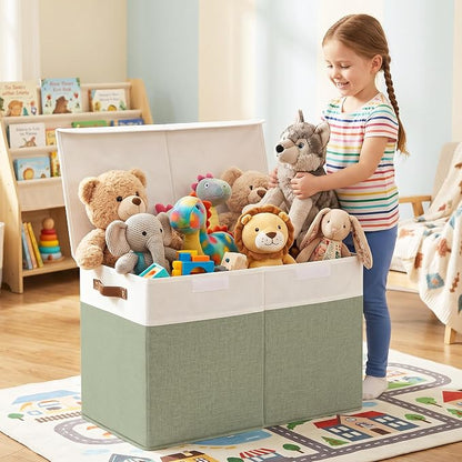 Bagnizer Large Toy Storage Box with Lids, Collapsible Sturdy Baby Storage Organizer Chest Bin Basket for Kids, Boys, Girls, Playroom, Nursery, Bedroom, Closet 25"x13"x16" (Green and White)