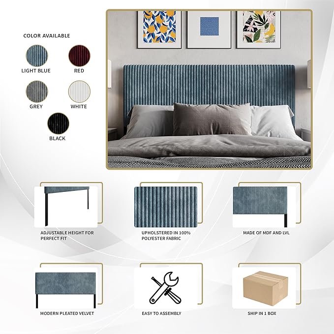 Twin Corduroy Velvet Upholstered Adjustable Headboard, Grey