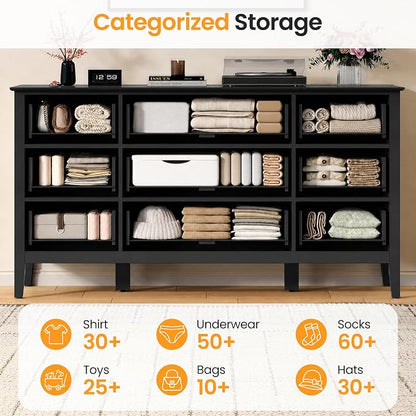 RoyalCraft Fluted Dresser for Bedroom with 9 Drawers, 59" Wide Painted Wooden Chest of Drawers, Modern TV Stand Storage Cabinet for Living Room, Hallway, Black