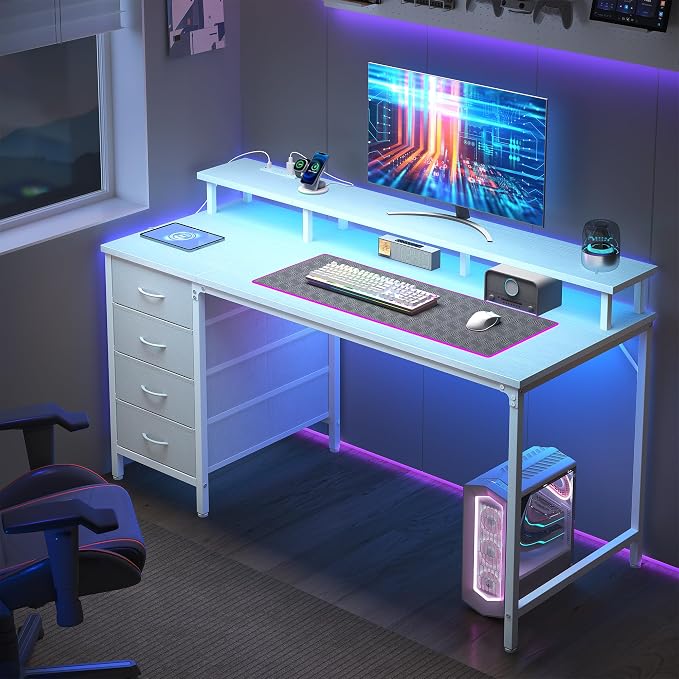 DUMOS 40 Inch Computer Desk with 4 Drawers, Gaming Desk with Power Outlets and LED Lights, Office Workstation for Small Spaces with Monitor Shelf, Writing Table for Home Office Bedroom Study White