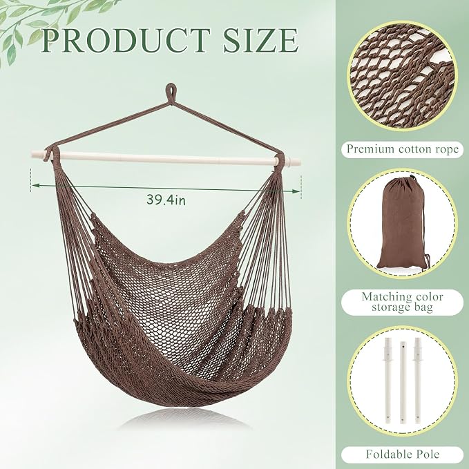 Barydat 2 Pcs Hanging Hammock Chair Boho Swing Chair Outdoor Indoor Comfy Soft Cotton Rope Weaving with 40 Inch Detachable Metal Bars for Backyard Living Room Garden, 270lb Capacity (Dark Brown)