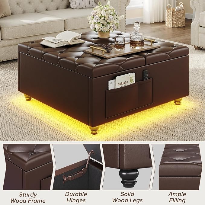 Dnxao Leather Ottoman with Storage,Lift Top Tufted Upholstered Ottoman Coffee Table with LED Lights and Charging Station, Ottomans for Living Room with 2 Side Pockets,Tray Included,PU Brown