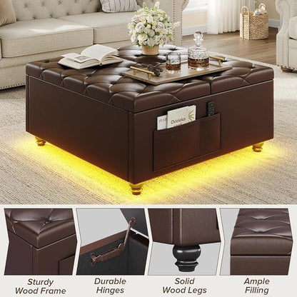 Dnxao Leather Ottoman with Storage,Lift Top Tufted Upholstered Ottoman Coffee Table with LED Lights and Charging Station, Ottomans for Living Room with 2 Side Pockets,Tray Included,PU Brown