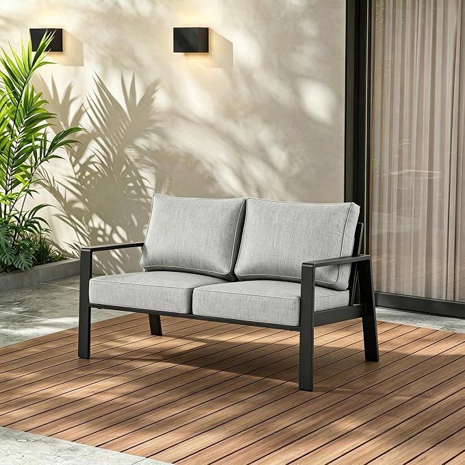 Aluminum Outdoor Loveseat, Oversized Patio Couch, Modern Sofa All Weather Metal Furniture Set with 5" Cushions (Black/Light Grey)