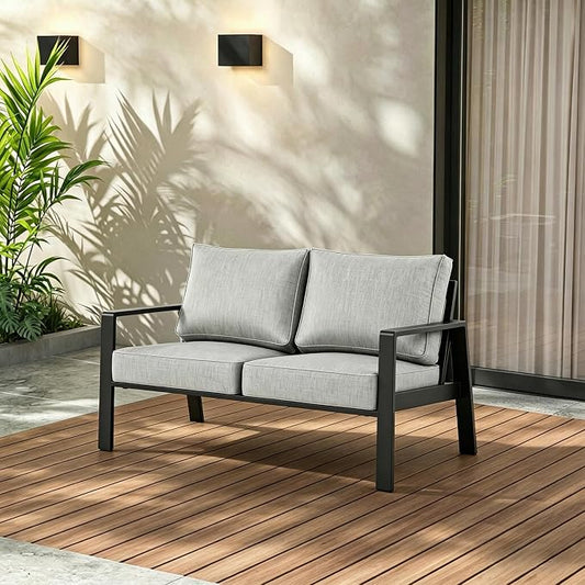 Aluminum Outdoor Loveseat, Oversized Patio Couch, Modern Sofa All Weather Metal Furniture Set with 5" Cushions (Black/Light Grey)