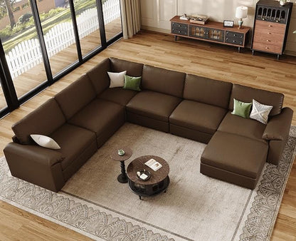 EASE MOOSE Faux Leather Sectional with Ottoman,Oversized Modular Couch,Vintage Modular Sectional Sofa with Deep Seat,Scratch Resistant Faux Leather Material,U Shaped Couch for Big Spaces,Deep Brown