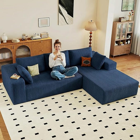 95" Cloud Sectional Couch with L-Shape Chaise, Modular Comfy Sofa Chaise Longue, Upholstered Corduroy Couches Sleeper with Deep Seat for Living Room Bedroom, No Assembly Required(Blue, Right Facing)