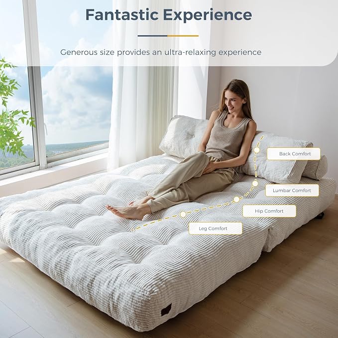 MAXYOYO Folding Sofa Bed, Convertible Chair with Pilow, Portable Fold Out Chair Bed with Back Support Comfy Floor Sofa Lounge for Living Room Bedroom, Beige, Double