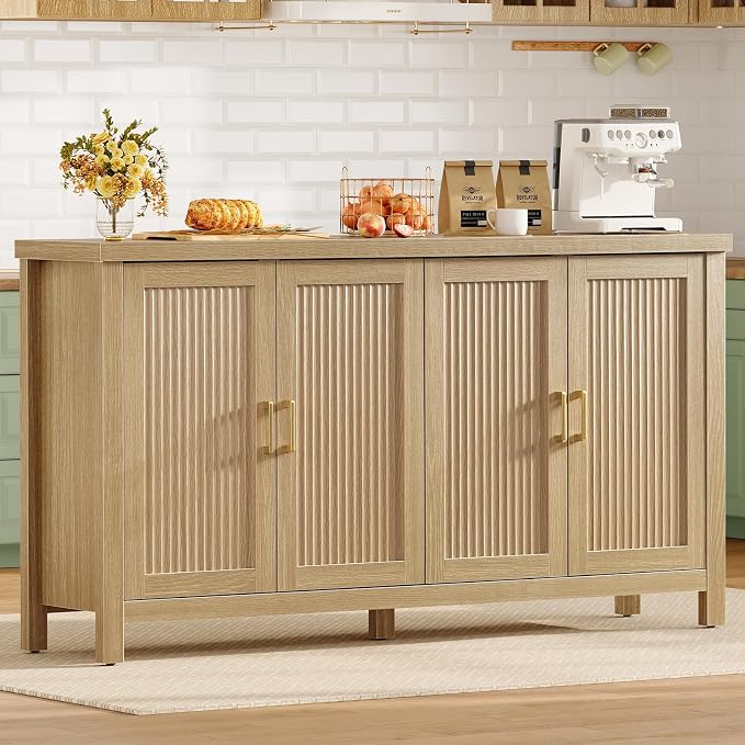 55" Buffet Cabinet with Storage, Large Sideboard Buffet Cabinet with 4 Adjustable Shelves, Modern Fluted Coffee Bar for Kitchen, Living Room, Natural