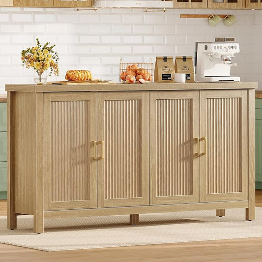 55" Buffet Cabinet with Storage, Large Sideboard Buffet Cabinet with 4 Adjustable Shelves, Modern Fluted Coffee Bar for Kitchen, Living Room, Natural