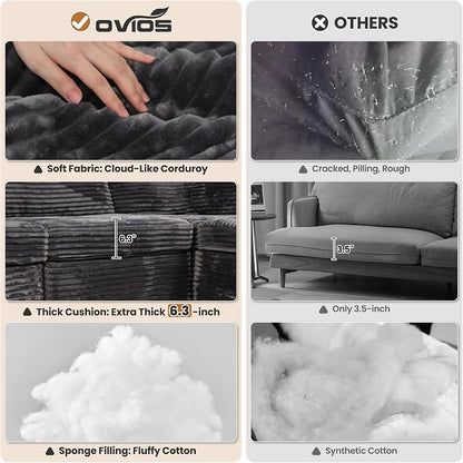 ovios Modular Sectional Sofa Couch with U-Shape Chaises Convertible, Comfy Plush Corduroy Cloud Couches, Modern Luxury Deep Seat Sofas Set for Living Room, 6-Seater, Grey