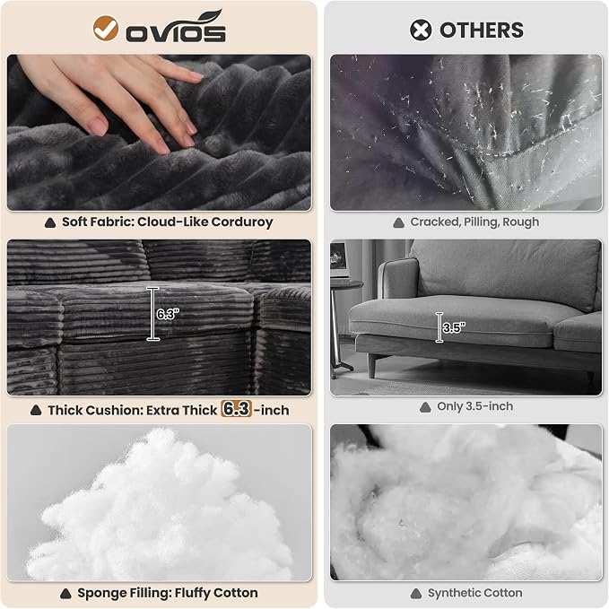 ovios Modular Sectional Sofa Couch with U-Shape Chaise Ottomans, Comfy Plush Corduroy Cloud Couches, Modern Luxury Deep Seat Sofas Set for Living Room, 6-Seater, Grey