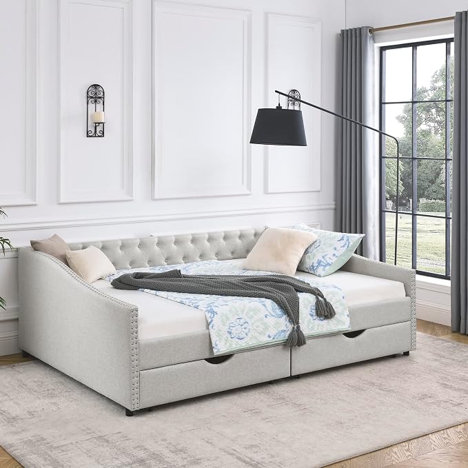 KEIKI Queen Size Upholstery Daybed with 2 Drawers and Headboard, Mid-Century Style Tufted Sofa Bed with Button on Back, Easy Assembly, No Box Spring Required, for Living Room and Bedroom, Beige