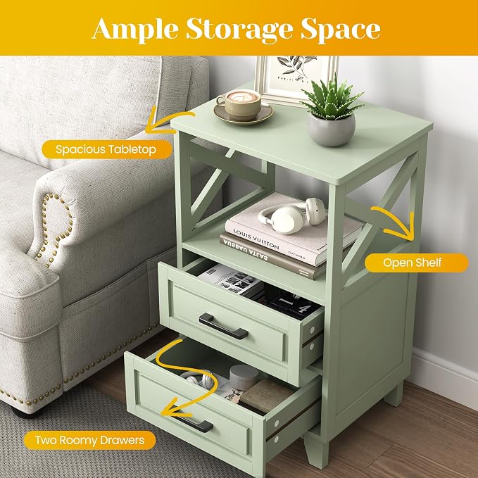 May in Color Nightstand Set of 2, 30" Tall Side Table with 2 Drawers and Open Shelf, Bedside Table with Solid Feet, Modern Night Stand End Table for Bedroom, Home Office, Green