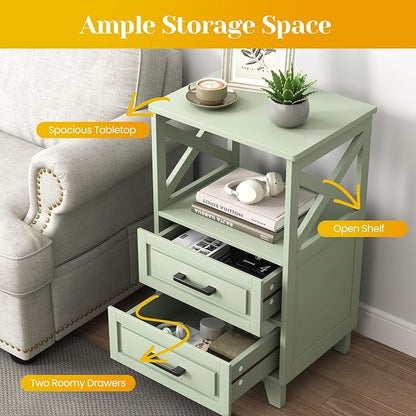 May in Color Nightstand Set of 2, 30" Tall Side Table with 2 Drawers and Open Shelf, Bedside Table with Solid Feet, Modern Night Stand End Table for Bedroom, Home Office, Green