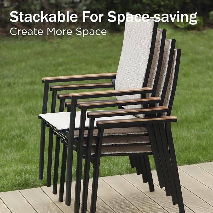 PHI VILLA 9PCS Outdoor Table and Chairs Set, Outdoor Furniture, Stackable Aluminum Dining Chairs and Extended Metal Table, Breathable and Quick-Dry Fabric, Waterproof, Ideal for Garden, Patio, Beige