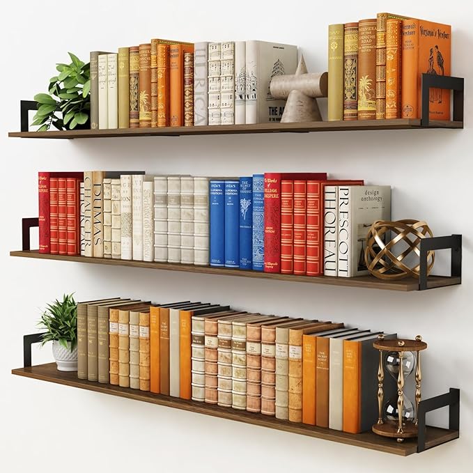 Harwaya Large Floating Shelves for Wall 48 Inches Long Set of 3, Rustic Wood Wall Bookshelf for Living Room Bedroom Books, Heavy Duty Hanging Storage Shelf for Laundry Room (Dark Brown)