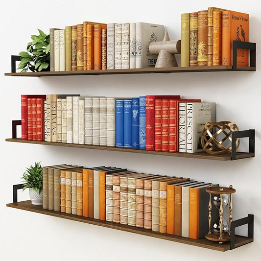 Harwaya Large Floating Shelves for Wall 48 Inches Long Set of 3, Rustic Wood Wall Bookshelf for Living Room Bedroom Books, Heavy Duty Hanging Storage Shelf for Laundry Room (Dark Brown)
