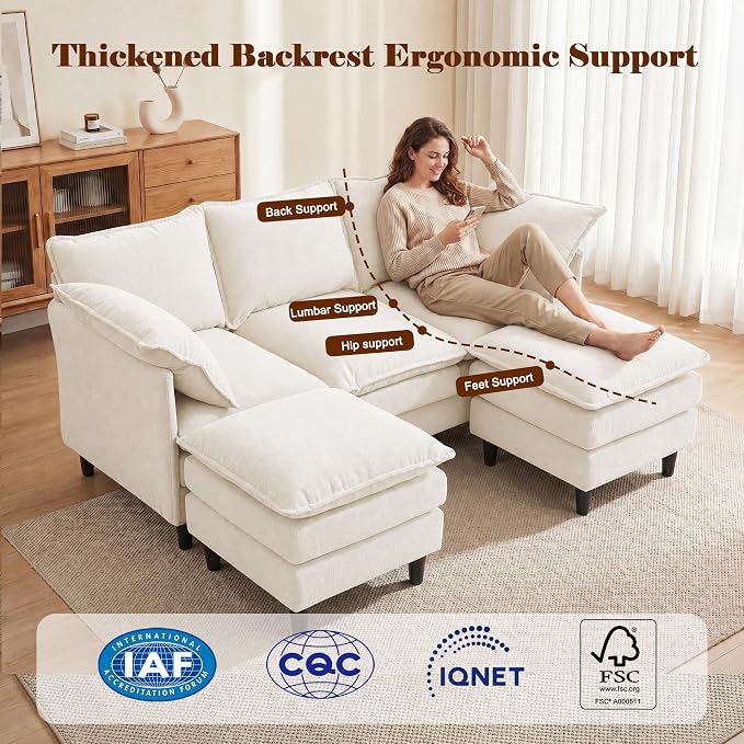 3 Seater U-Shape Couch Sofa with Ottomans, 69" Small Couch Modern Comfy Cloud Sofa with 23" Deep Washable Pillow ChenilleCover Couches for Living Room Bedroom Apartment Office 69-Beige-U