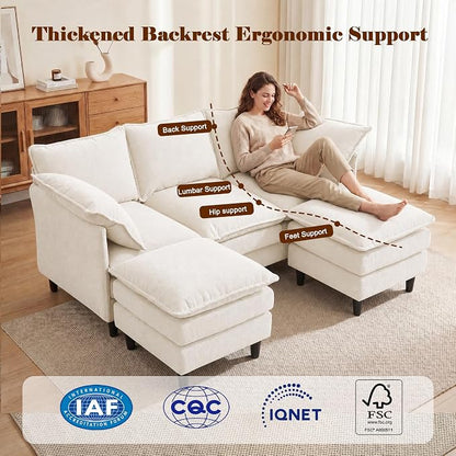 3 Seater U-Shape Couch Sofa with Ottomans, 69" Small Couch Modern Comfy Cloud Sofa with 23" Deep Washable Pillow ChenilleCover Couches for Living Room Bedroom Apartment Office 69-Beige-U