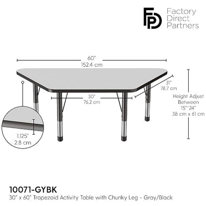 FDP Trapezoid Activity School and Classroom Kids Table (30 x 60 inch), Chunky Toddler Legs for Collaborative Seating Environments, Adjustable Height 15-24 inches - Gray Top and Black Edge