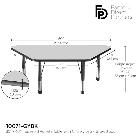 FDP Trapezoid Activity School and Classroom Kids Table (30 x 60 inch), Chunky Toddler Legs for Collaborative Seating Environments, Adjustable Height 15-24 inches - Gray Top and Black Edge