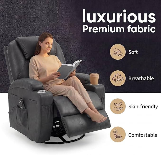 JUMMICO Small Swivel Rocker Recliner, 360 Rocking Chair Recliner with Massage, Upholstered Leathaire Rocker Recliner with Cup Holder for Living Room, Bedroom, Nursery (Black)