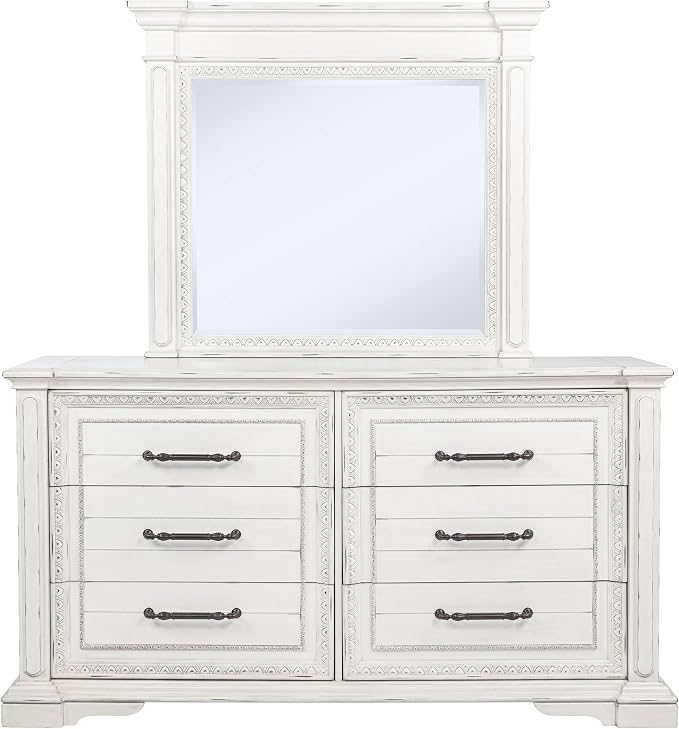 Coaster Home Furnishings - McKinney - Poplar Wood - 6-Drawer Dresser with 50-Inch Rectangular Mirror, Traditional Style, Jewelry Tray, and Antique Bronze Hardware - Bedroom - Vintage White - 215873M