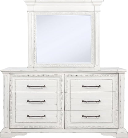 Coaster Home Furnishings - McKinney - Poplar Wood - 6-Drawer Dresser with 50-Inch Rectangular Mirror, Traditional Style, Jewelry Tray, and Antique Bronze Hardware - Bedroom - Vintage White - 215873M