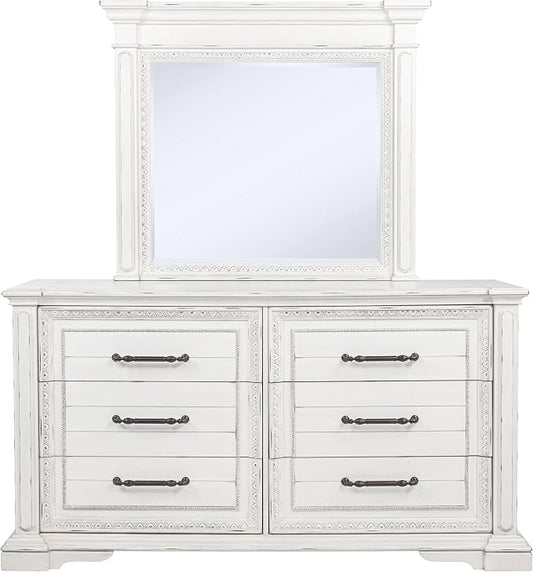 Coaster Home Furnishings - McKinney - Poplar Wood - 6-Drawer Dresser with 50-Inch Rectangular Mirror, Traditional Style, Jewelry Tray, and Antique Bronze Hardware - Bedroom - Vintage White - 215873M