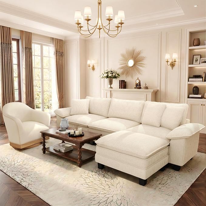 PHI VILLA Cloud Modular Couch Sets with Swivel Accent Chair, 123.6" Sectional Sofa with L-Shaped Chaise, 4-Seater Upholstered Couches with Movable Ottoman for Living Room, Corduroy Fabric, Beige