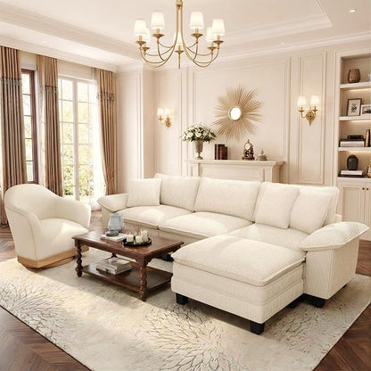 PHI VILLA Cloud Modular Couch Sets with Swivel Accent Chair, 123.6" Sectional Sofa with L-Shaped Chaise, 4-Seater Upholstered Couches with Movable Ottoman for Living Room, Corduroy Fabric, Beige