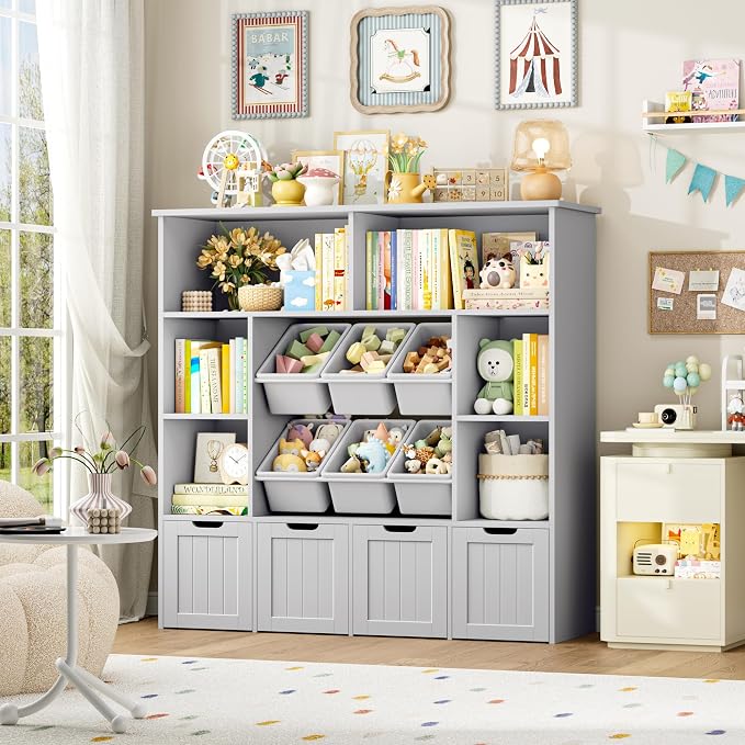FINETONES Toy Storage Organizer with 6 Toy Bins, Toy Organizer Kids Bookshelf with 4 Movable Drawers and 6 Storage Cubbies, Toy Bins for Kids Organizer Playroom Storage for Living Room, Grey