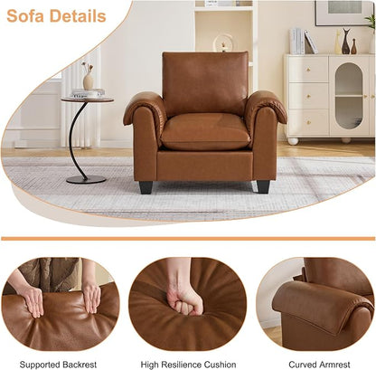44.5" Faux Leather Single Sofa, Oversized Accent Chair with Curved Armrests, Cloud Modern Sofa Upholstered Deep Seat Reading Chair Armchair for Living Room, Bedroom，Brown