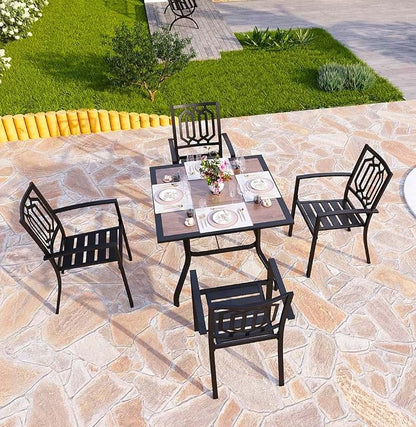PHI VILLA 5 Piece Outdoor Dining Set for 4, 37" Square Metal Table with Polywood Top & Stacking Wrought Iron Chairs, Outside Furniture for Patio, Deck, Yard, Porch