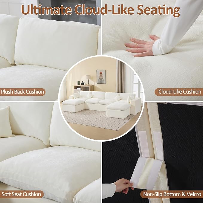 146''Cloud Boneless Sectional Couch, Modular Sectional Sofa Deep Seat with 2 Ottomans, Oversized Upholstered Convertible Comfy 6 Seater Chenille Sofa U Shape Couches for Living Room, Beige
