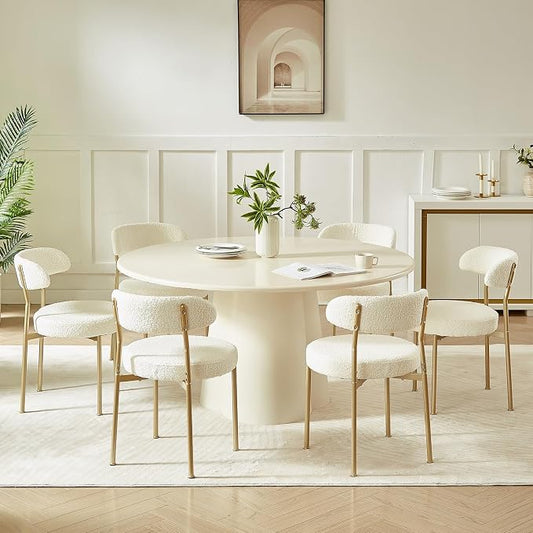 SoarFlash Dining Chairs, Beige Boucle Dining Chairs Set of 6, Kitchen Dining Room Chairs Curved Backrest Upholstered Mid Century Chair with Golden Metal Legs