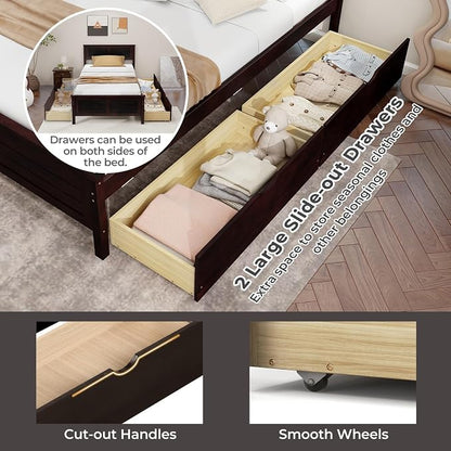 Giantex Wood Twin Bed with 2 Storage Drawers, Solid Wood Platform Bed with Headboard, Wooden Slats Support Mattress Foundation, No Spring Needed, Twin Bed Frame for Kids, Teens, Adults, Espresso