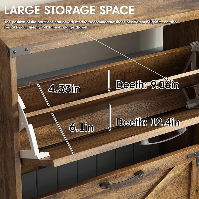 Maupvit 24" W Farmhouse Shoe Cabinet Storage for Entryway, Freestanding Organizer with 2 Flip Drawers, Narrow Shoe Rack Cabinet with Metal Corner Decoration, Rustic Brown