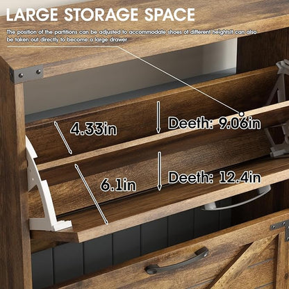 Maupvit 24" W Farmhouse Shoe Cabinet Storage for Entryway, Freestanding Organizer with 2 Flip Drawers, Narrow Shoe Rack Cabinet with Metal Corner Decoration, Rustic Brown