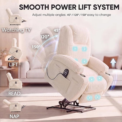 Flamaker Power Lift Chair Massage Recliner Chairs for Elderly, Corduroy Ergonomic Design with Cup Holders & Side Pockets, Remote Control (White)
